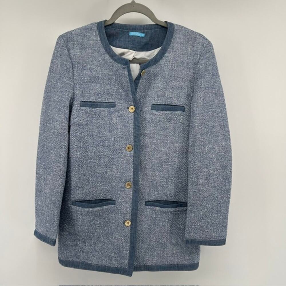 J.McLaughlin Ardella Jacket Womens S Blue White Tweed Denim Collarless Pockets